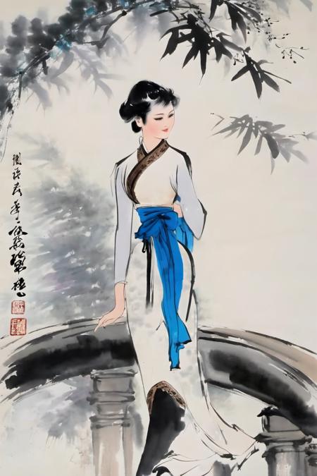 00436-3876813618-chinese ink painting, traditional media, liujiyou, 1 girl, solo, wearing cheongsam, standing on the bridge,  _lora_liujiyou-0000.png